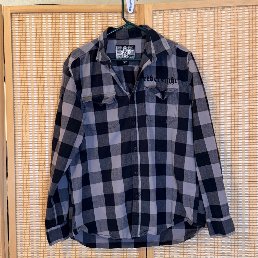 Rebel Eight Mens XL Flannel Shirt Grey Black Buffalo Plaid Long Sleeve Button Up